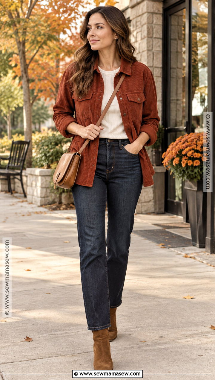 Autumn Corduroy Overshirt And Dark Jeans Outfit - 15 autumn wardrobe motivation ideas