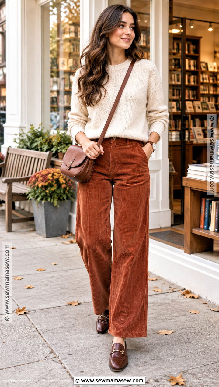 Autumn Corduroy Pants And Crewneck Sweater Outfit - 25 autumn outfit ideas for women