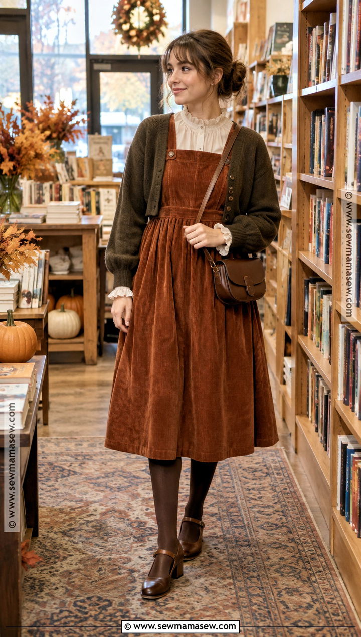 Autumn Corduroy Pinafore Dress With Blouse And Mary Janes - 15 feminine autumn style ideas