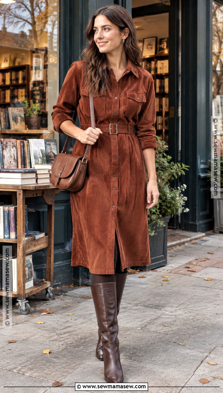 Autumn Corduroy Shirt Dress And Boots Outfit - 25 autumn fashion ideas for women