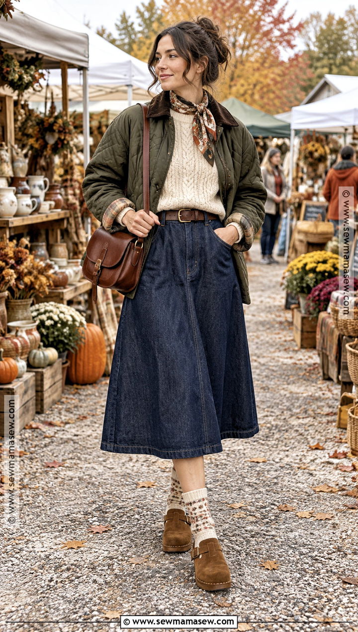 Autumn Cottagecore Denim Skirt And Chunky Knit Outfit - 15 cottagecore aesthetic outfits autumn