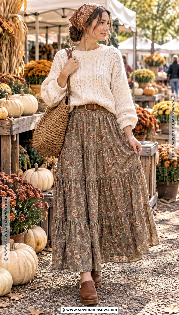 Autumn Cottagecore Maxi Skirt And Sweater Outfit - 15 cottagecore aesthetic outfits autumn