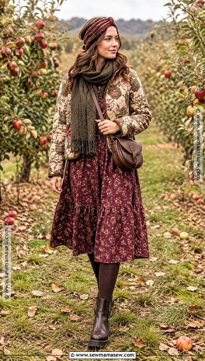 Autumn Cottagecore Quilted Jacket And Midi Dress Outfit - 15 cottagecore aesthetic outfits autumn
