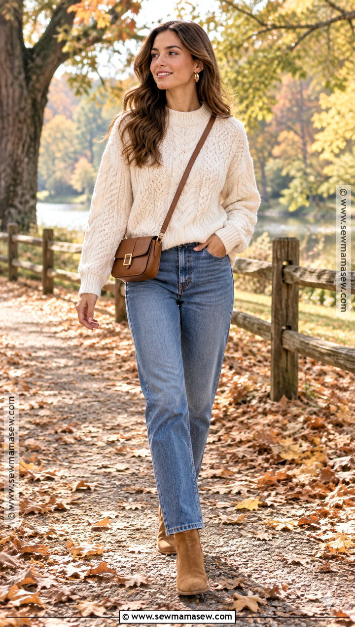 Autumn Cream Sweater And Jeans Outfit - 20 autumn outfits photoshoot