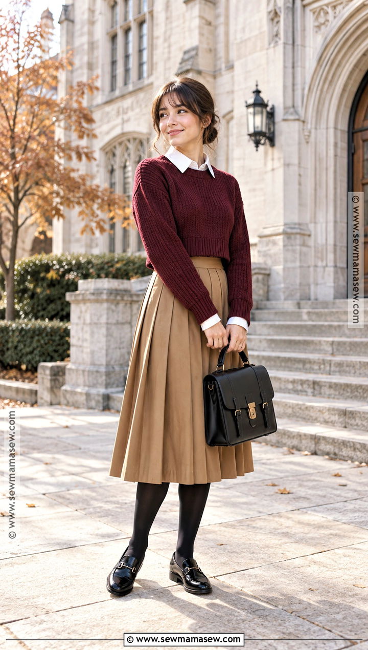 Autumn Crew Neck Sweater Shirt And Pleated Skirt Outfit - 20 autumn layering ideas