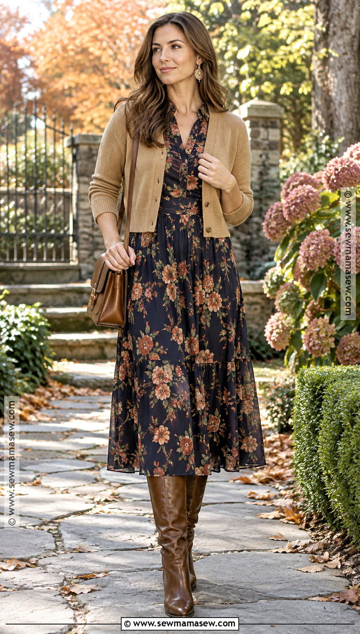 Autumn Dark Floral Dress Outfit With Leather Boots - 30 autumn fashion ideas