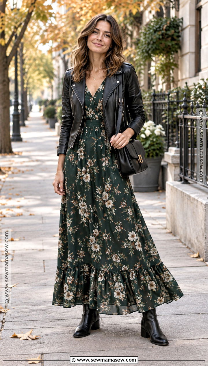 Autumn Dark Floral Maxi Dress With Leather Jacket And Boots - 15 feminine autumn style ideas