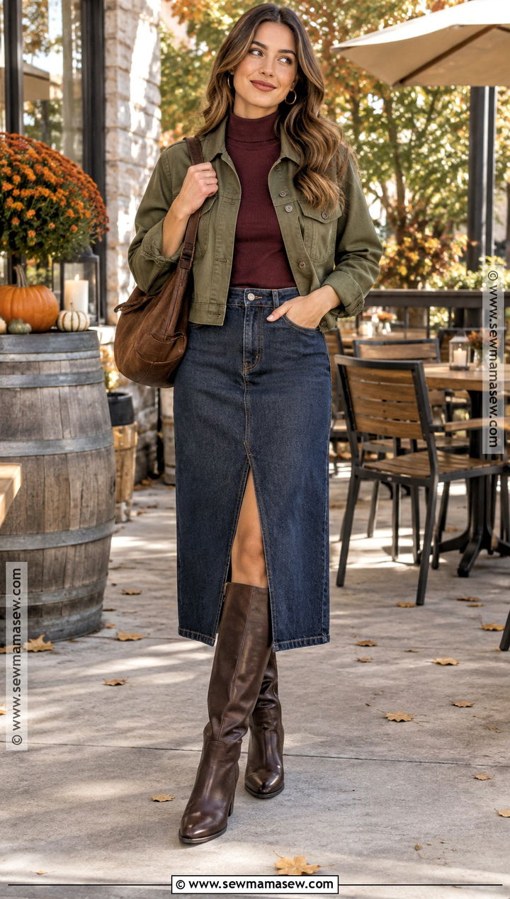 Autumn Day Drinking Outfit With A Denim Midi Skirt - 20 Autumn Day Drinking Outfit Ideas