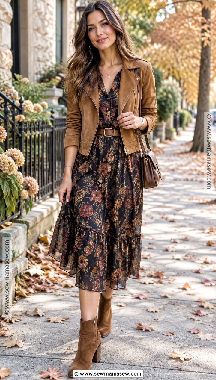 Autumn Day Drinking Outfit With A Floral Midi Dress - 20 Autumn Day Drinking Outfit Ideas