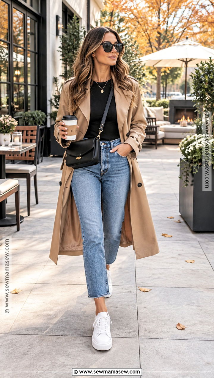 Autumn Day Drinking Outfit With A Trench Coat And Sneakers - 20 Autumn Day Drinking Outfit Ideas