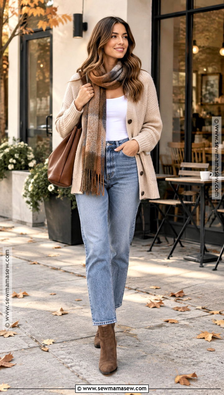 Autumn Day Outfit With Cardigan And Straight Leg Jeans - 25 autumn day outfit ideas