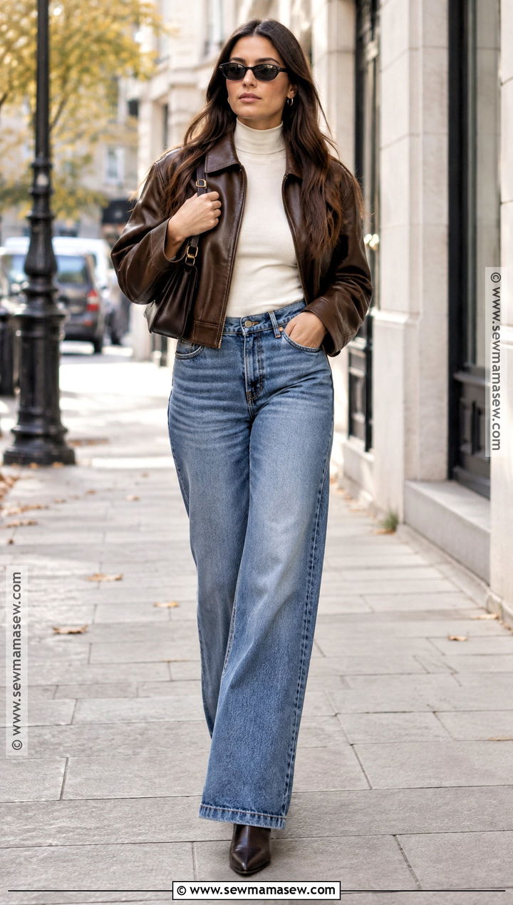 Autumn Day Outfit With Leather Jacket And Wide Leg Jeans - 25 autumn day outfit ideas