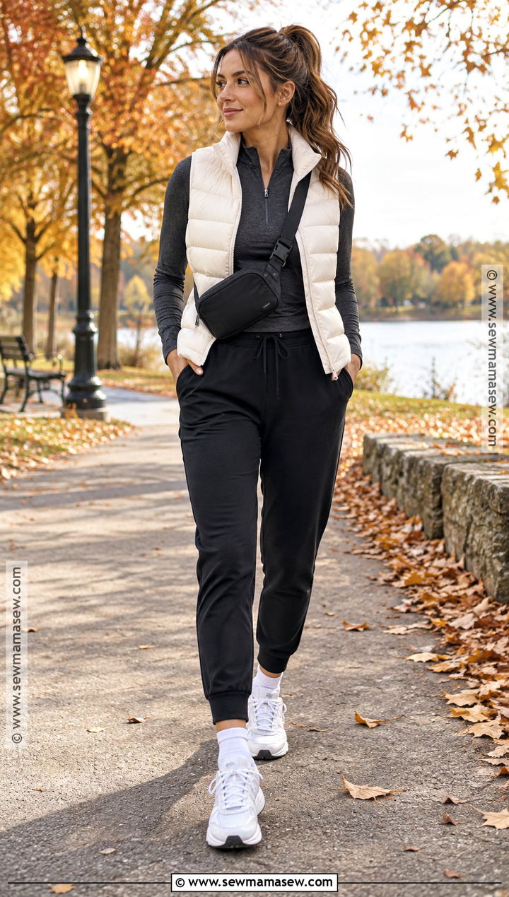 Autumn Day Outfit With Puffer Vest And Joggers - 25 autumn day outfit ideas