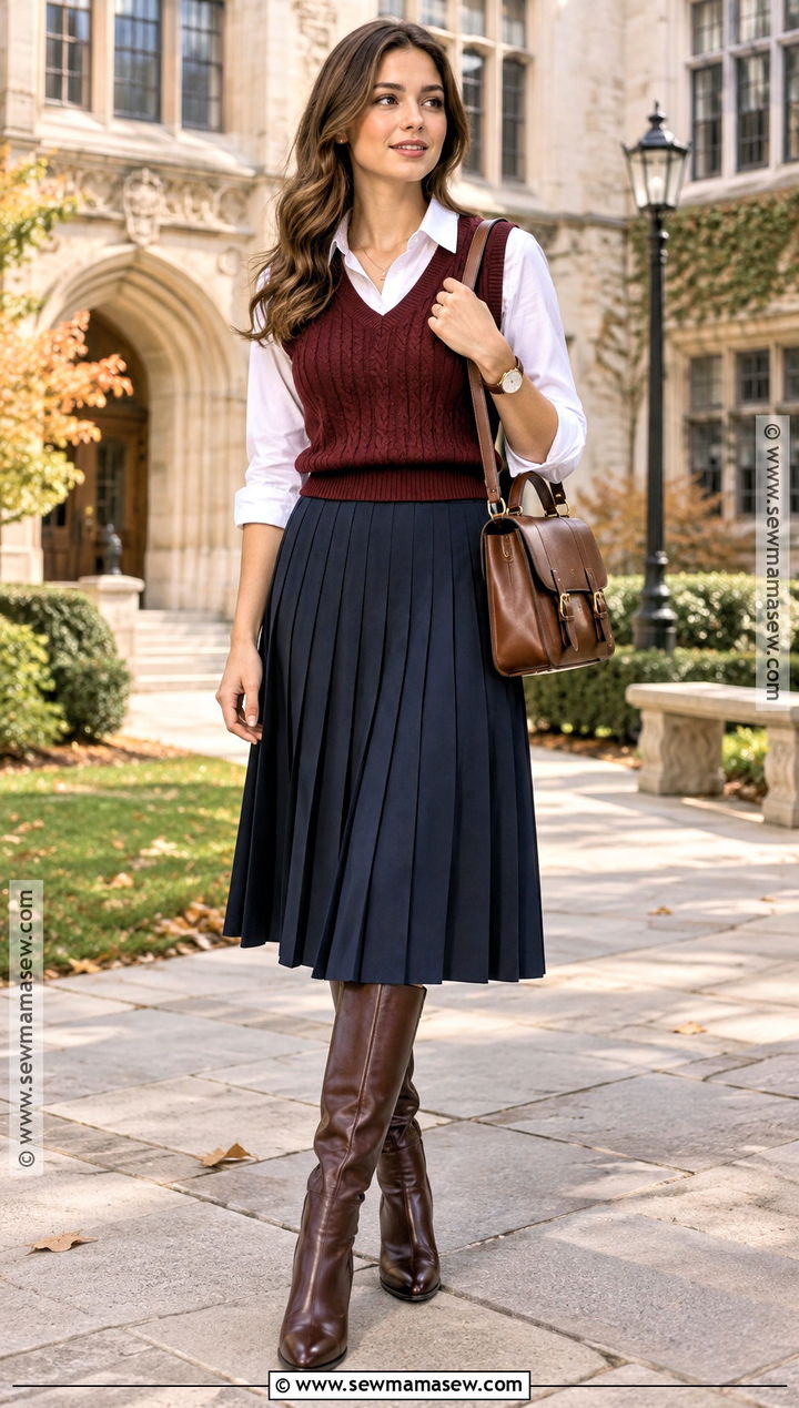 Autumn Day Outfit With Sweater Vest And Pleated Skirt - 25 autumn day outfit ideas