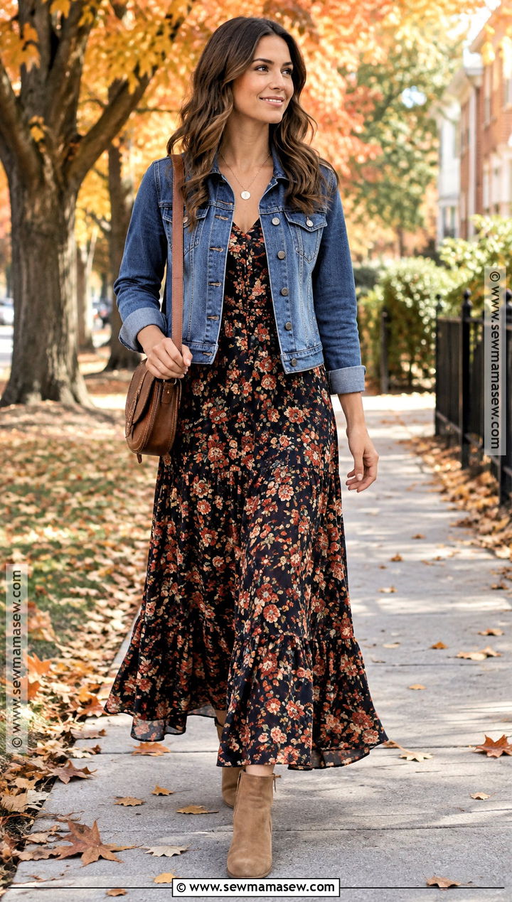 Autumn Denim Jacket And Floral Maxi Dress Outfit - 20 autumn inspired outfits