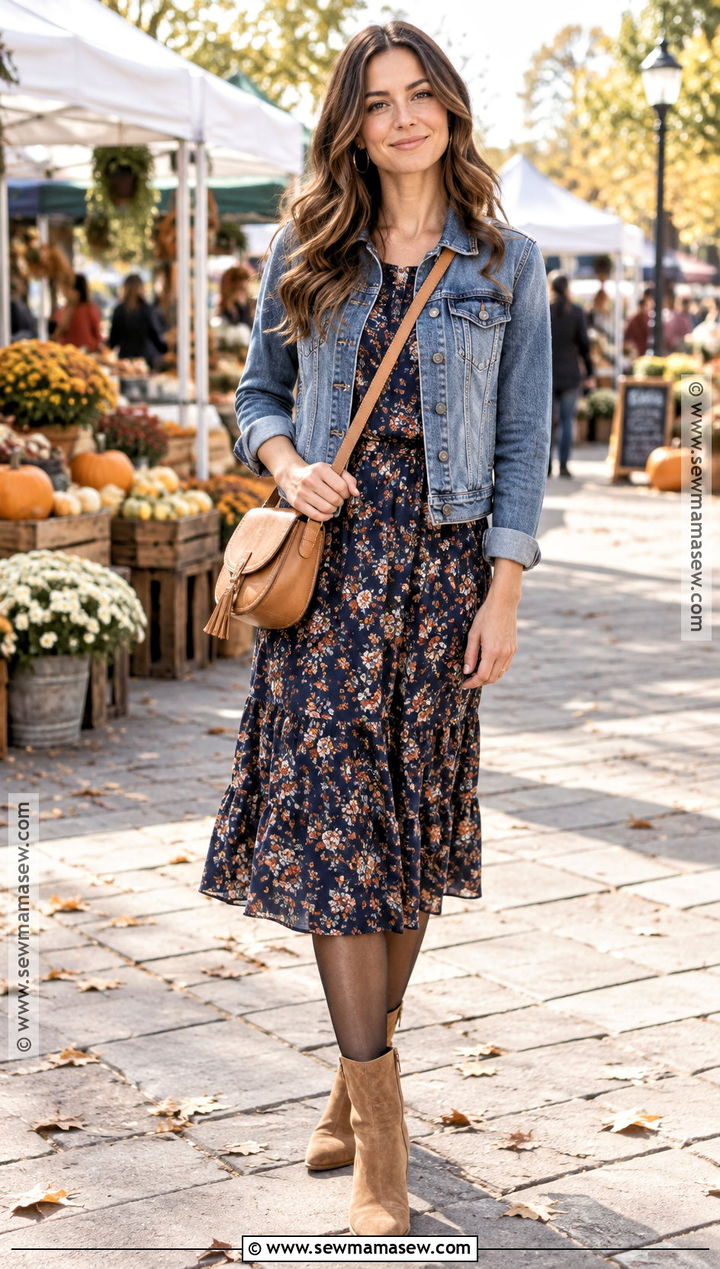 Autumn Denim Jacket And Floral Midi Dress Outfit - 20 autumn fashion 2026 australia ideas