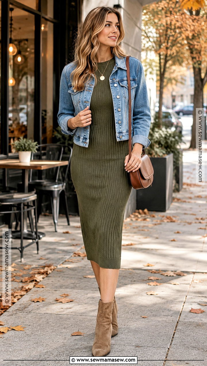 Autumn Denim Jacket And Knit Dress Outfit - 15 autumn casual style outfit ideas