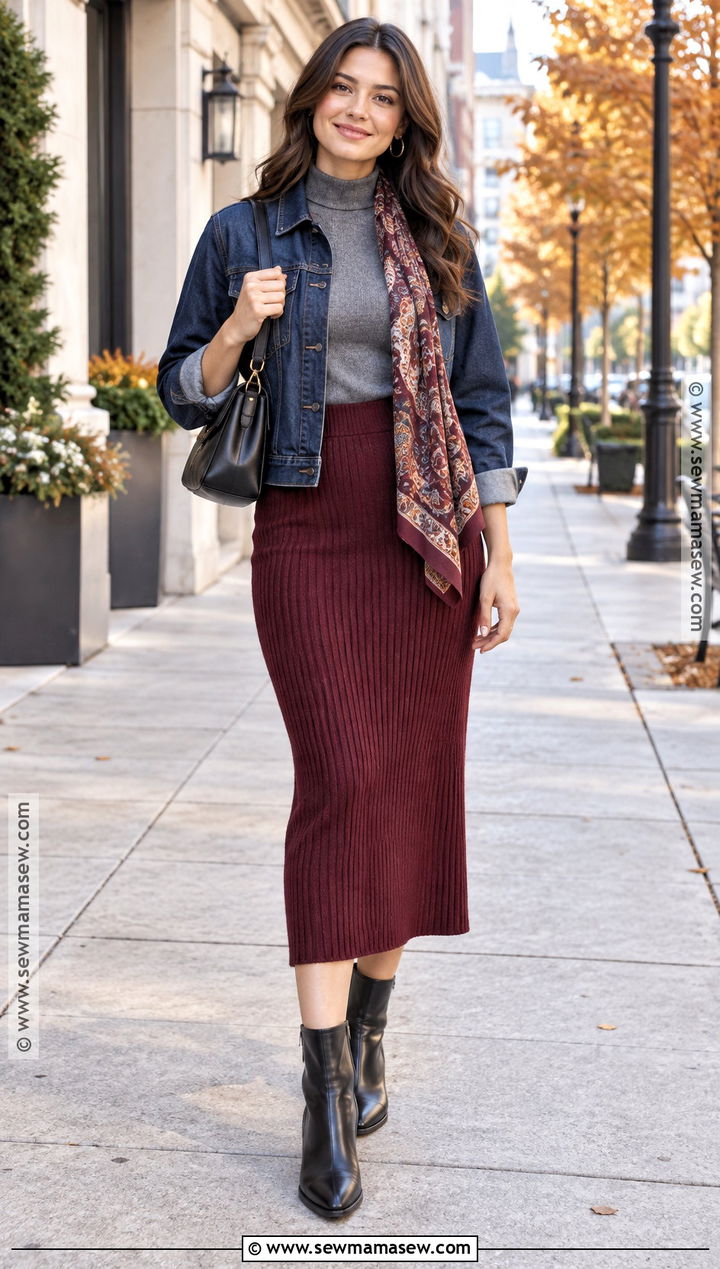 Autumn Denim Jacket And Knit Skirt Outfit - 25 autumn clothes