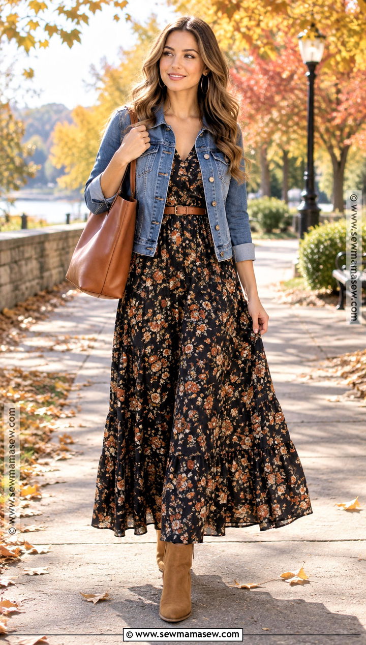 Autumn Denim Jacket And Maxi Dress Outfit - 25 ootd autumn ideas