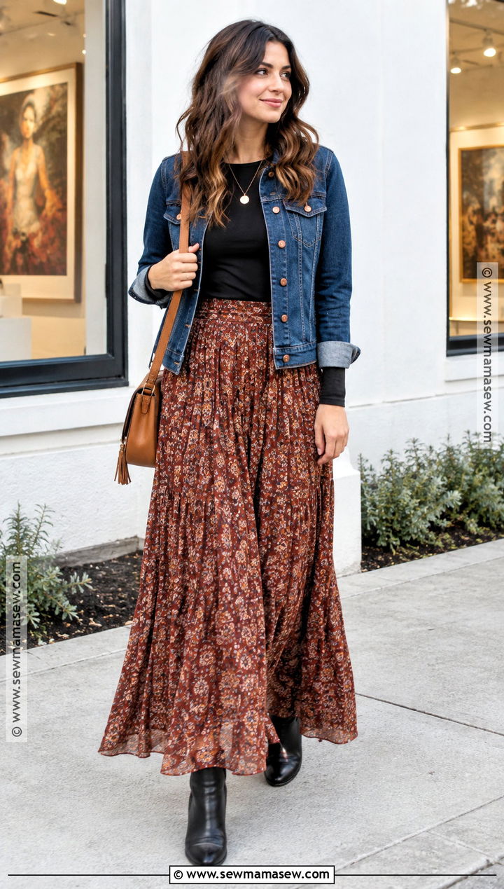 Autumn Denim Jacket And Maxi Skirt Outfit - 25 autumn warm outfit ideas