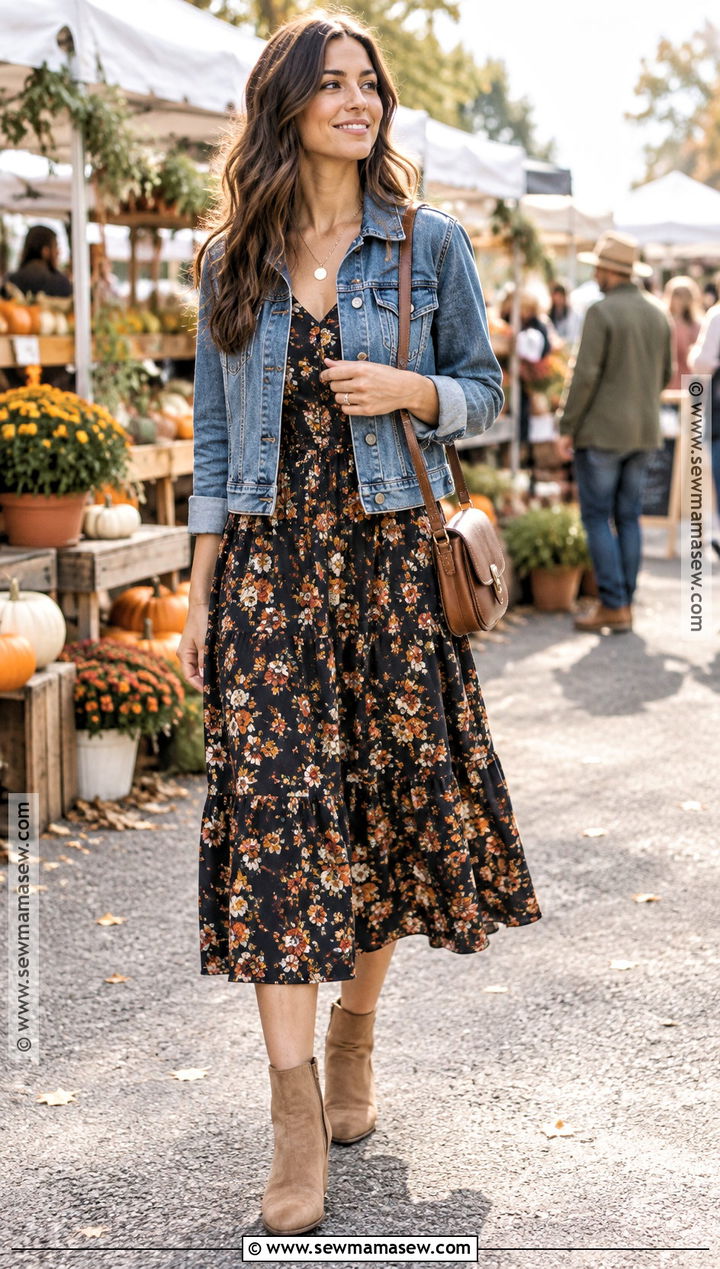 Autumn Denim Jacket And Midi Dress Outfit - 25 cute outfits autumn