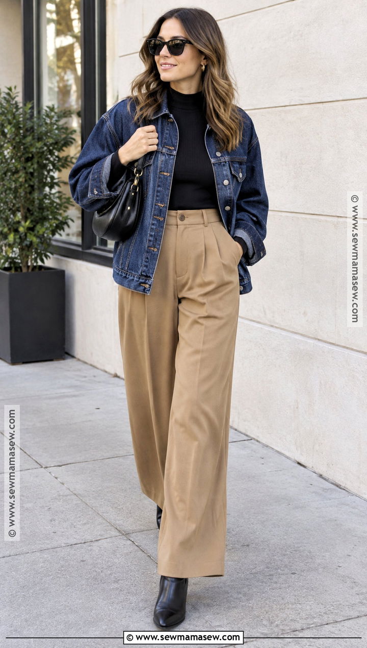 Autumn Denim Jacket And Wide Leg Pants Outfit - 15 Autumn Style Clothes