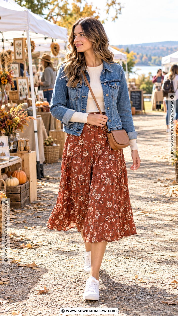 Autumn Denim Jacket Midi Skirt And Sneakers Outfit - 20 autumn weekend outfit ideas