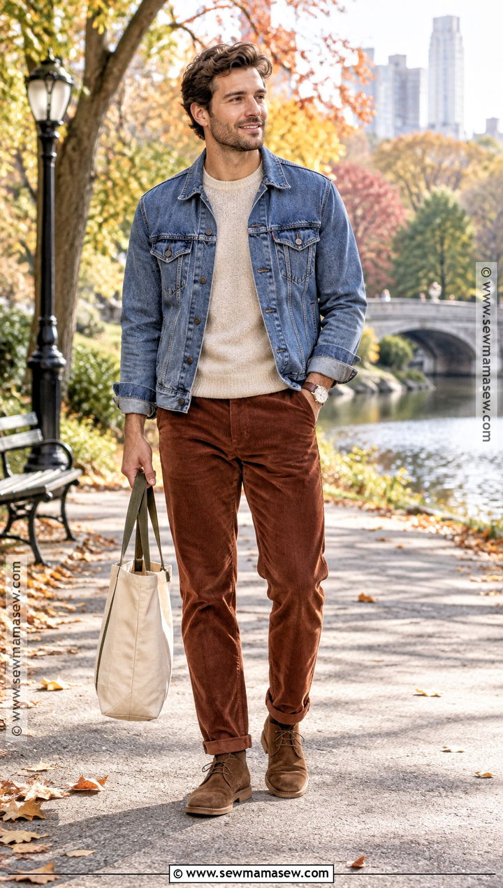 Autumn Denim Jacket Outfit With Corduroy Pants - 20 Men Autumn Style Ideas