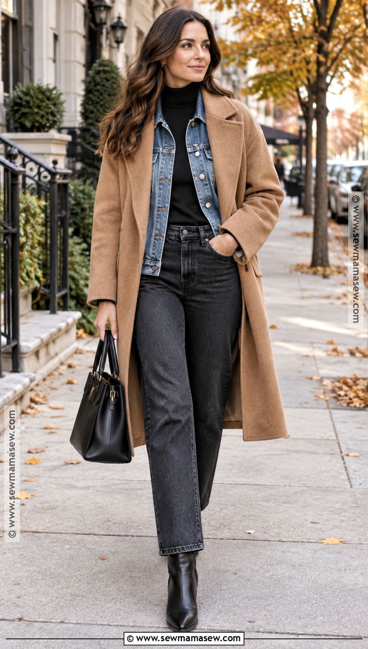 Autumn Denim Jacket Under A Wool Coat Outfit - 20 autumn layering ideas