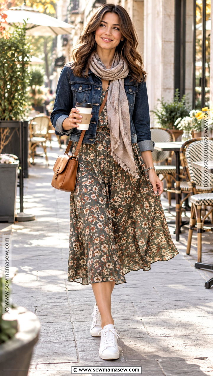 Autumn Denim Jacket With Midi Dress And Sneakers - 15 autumn style essentials