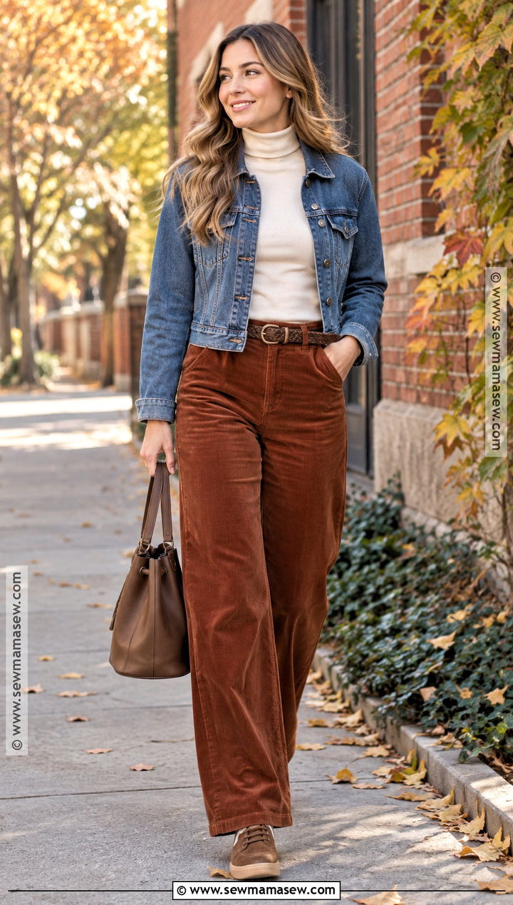Autumn Denim Jacket and Corduroy Pants Outfit - 15 Autumn Sidewalk Fashion Ideas