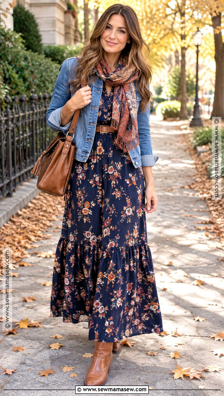 Autumn Denim Jacket and Maxi Dress Outfit - 15 Autumn Themed Clothes
