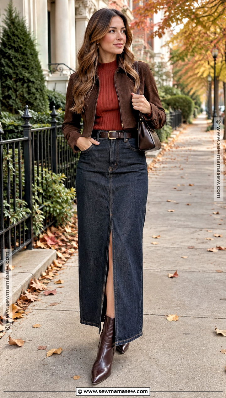 Autumn Denim Maxi Skirt and Fitted Sweater Outfit - 25 autumn fits aesthetic