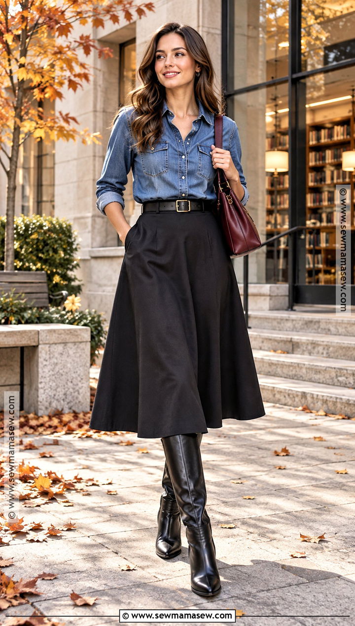 Autumn Denim Shirt And Black Midi Skirt Outfit - 25 autumn capsule wardrobe ideas 2026