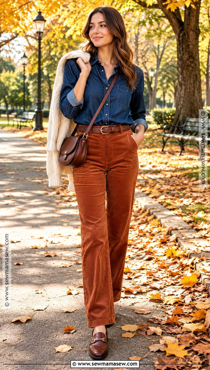Autumn Denim Shirt And Corduroy Pants Outfit - 15 autumn style ideas