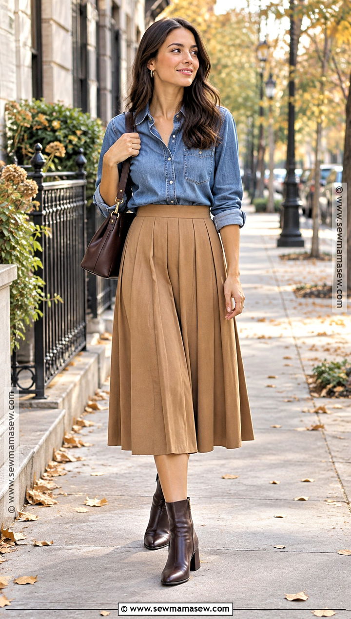 Autumn Denim Shirt And Midi Skirt Outfit - 25 autumn wear ideas