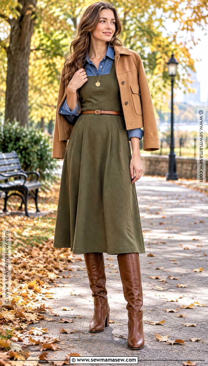 Autumn Denim Shirt And Sleeveless Midi Dress Outfit - 20 autumn layering ideas