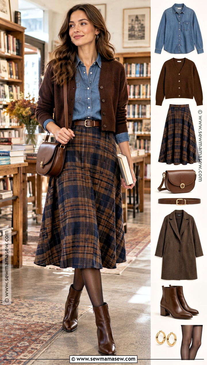 Autumn Denim Shirt Outfit With Plaid Skirt - 15 autumn outfit collage with accessories