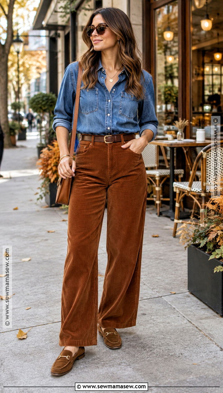 Autumn Denim Shirt and Corduroy Pants Outfit - 25 autumn fits aesthetic