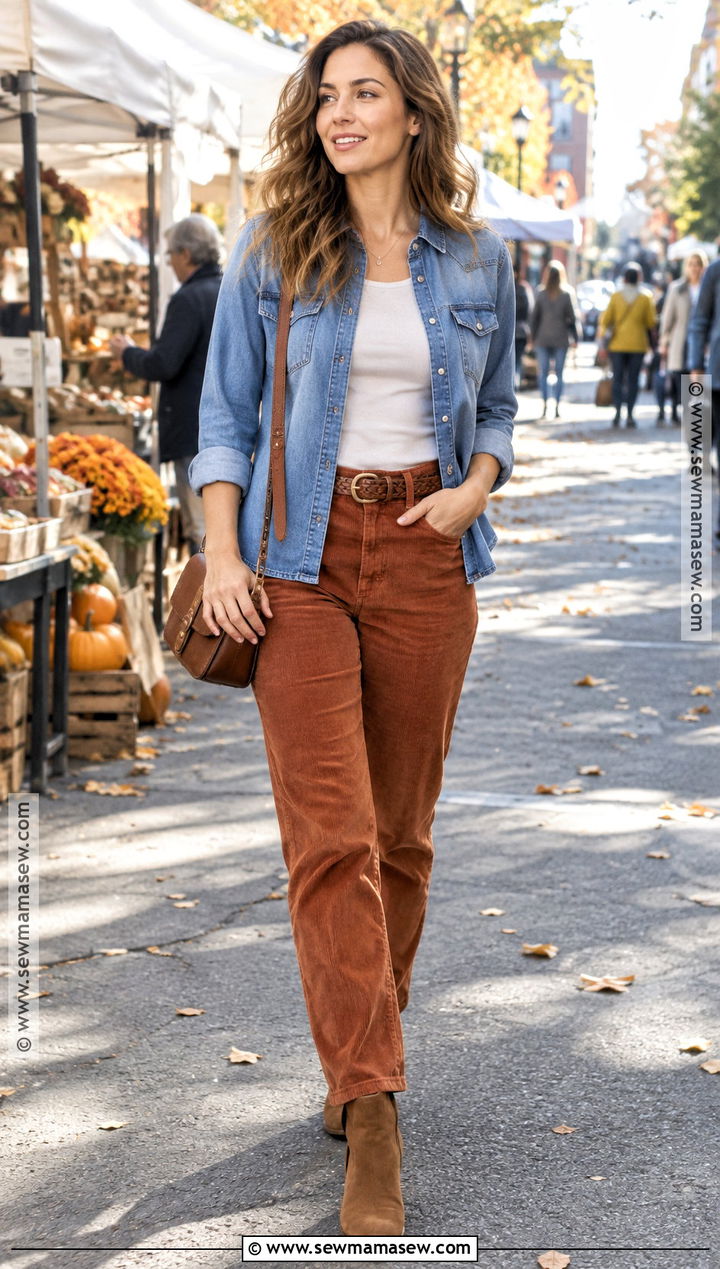 Autumn Denim Shirt and Corduroy Pants Outfit - 15 Autumn Fashion Outfit Collection Ideas