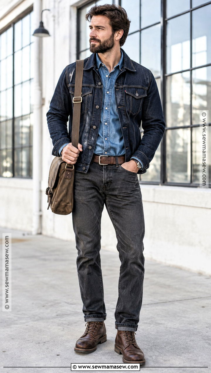 Autumn Double Denim Outfit With Boots - 20 Men Autumn Style Ideas