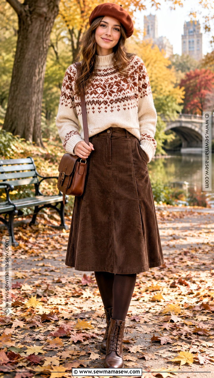 Autumn Fair Isle Sweater And Corduroy Skirt Outfit - 25 autumn warm outfit ideas
