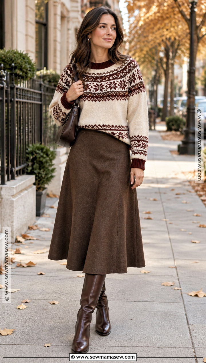 Autumn Fair Isle Sweater And Midi Skirt Outfit - 25 autumn clothes
