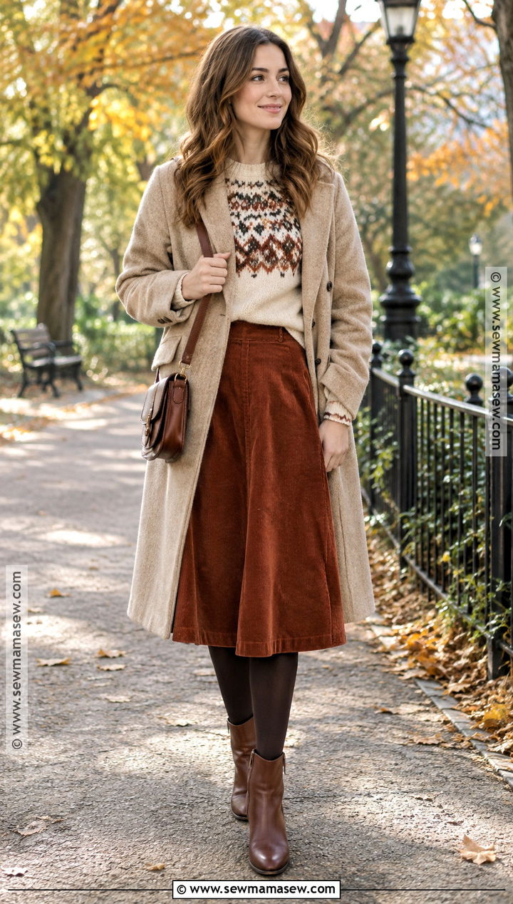 Autumn Fair Isle Sweater And Midi Skirt Outfit - 20 autumn inspired outfits