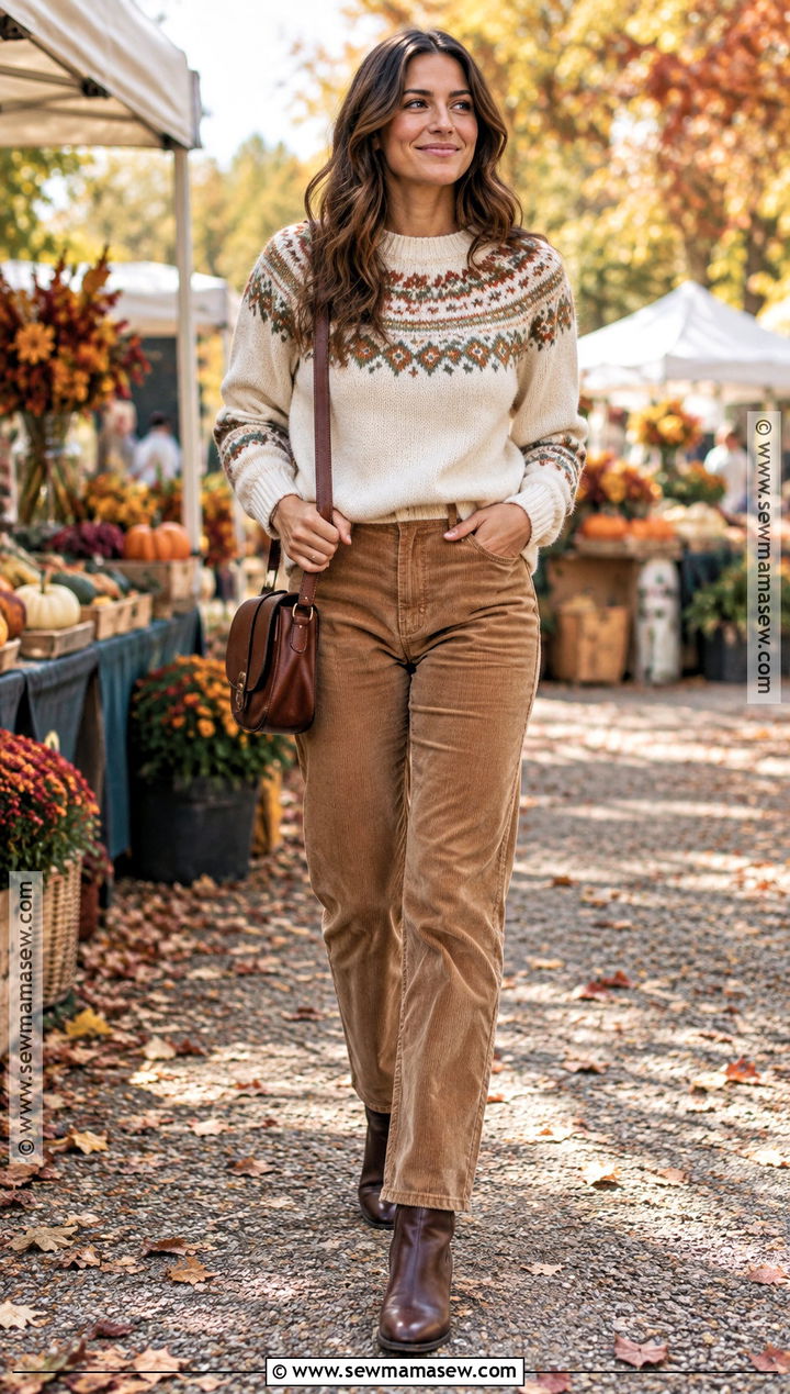 Autumn Fair Isle Sweater With Corduroy Pants - 20 Cozy Sweaters Autumn