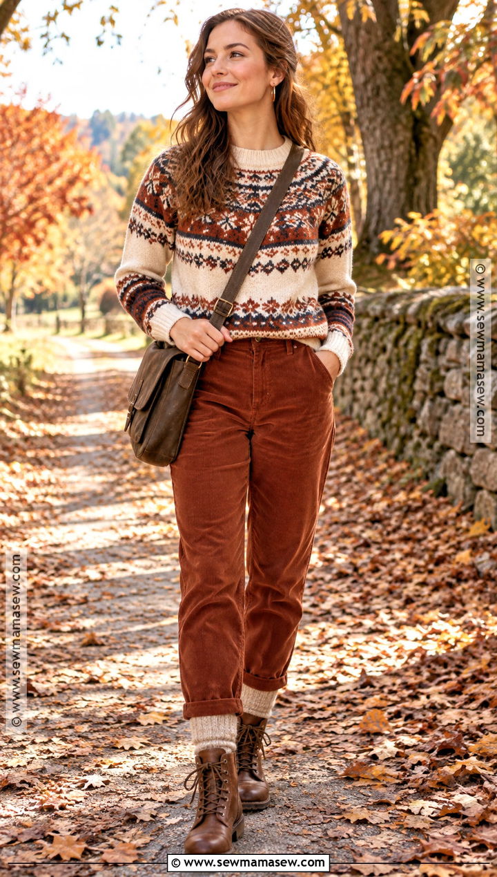 Autumn Fair Isle Sweater With Corduroy Trousers - 15 Autumn Fashion Ensemble Ideas