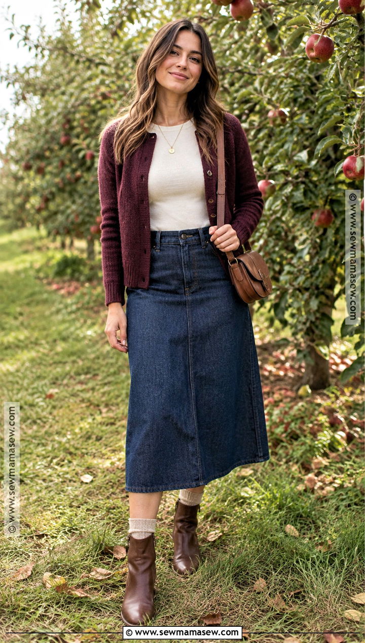 Autumn Farm Outfit With Cardigan And Midi Skirt - 15 autumn farm outfit ideas