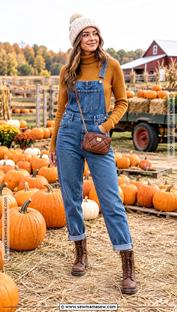 Autumn Farm Outfit With Denim Overalls And Turtleneck - 15 autumn farm outfit ideas