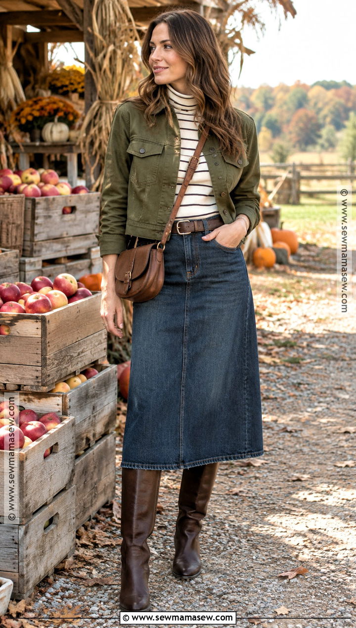 Autumn Farm Outfit With Denim Skirt And Tall Boots - 15 autumn farm outfit ideas