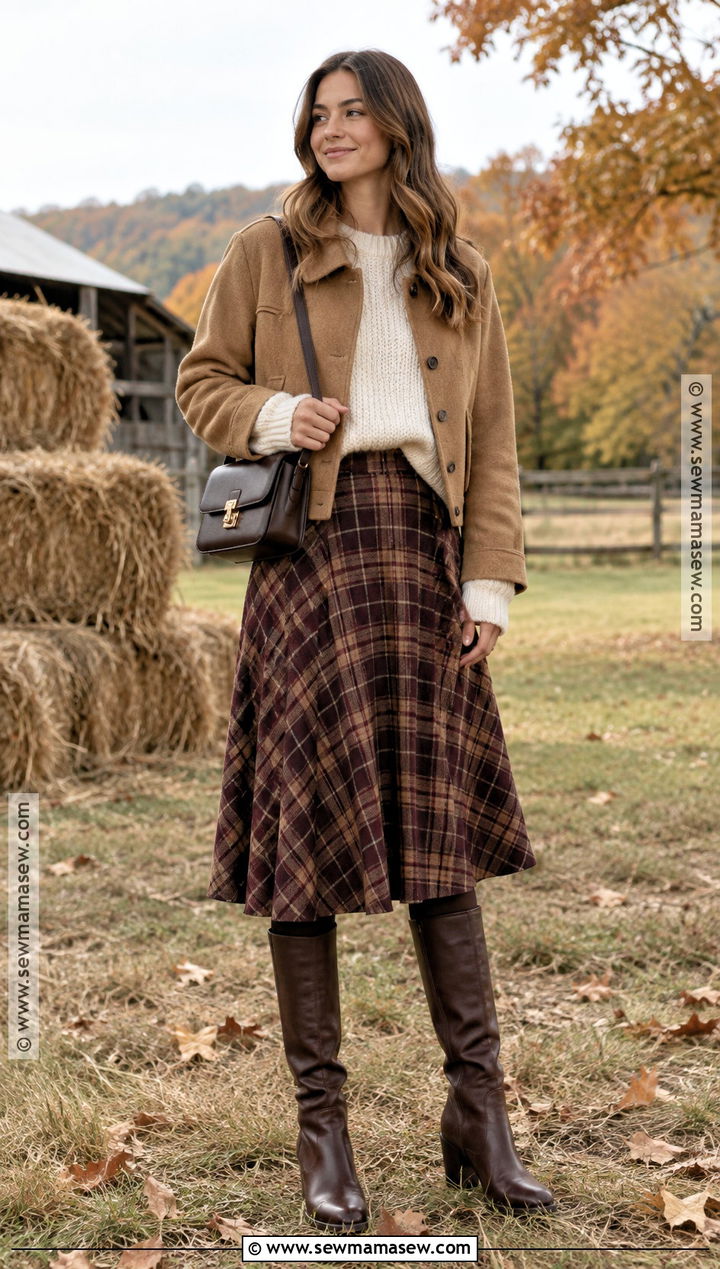 Autumn Farm Outfit With Plaid Skirt And Chunky Sweater - 15 autumn farm outfit ideas
